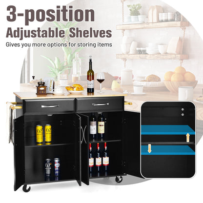 Rolling Kitchen Island Cart with 4 Doors Drawers Towel Racks and Storage Cabinet - Black