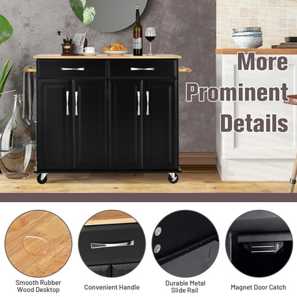 Rolling Kitchen Island Cart with 4 Doors Drawers Towel Racks and Storage Cabinet - Black