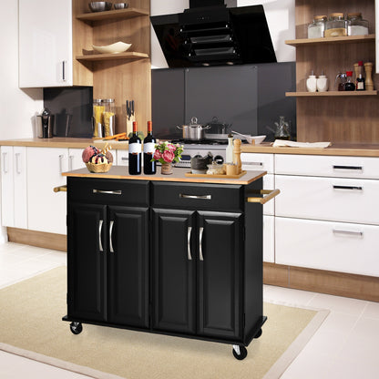 Rolling Kitchen Island Cart with 4 Doors Drawers Towel Racks and Storage Cabinet - Black