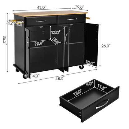 Rolling Kitchen Island Cart with 4 Doors Drawers Towel Racks and Storage Cabinet - Black