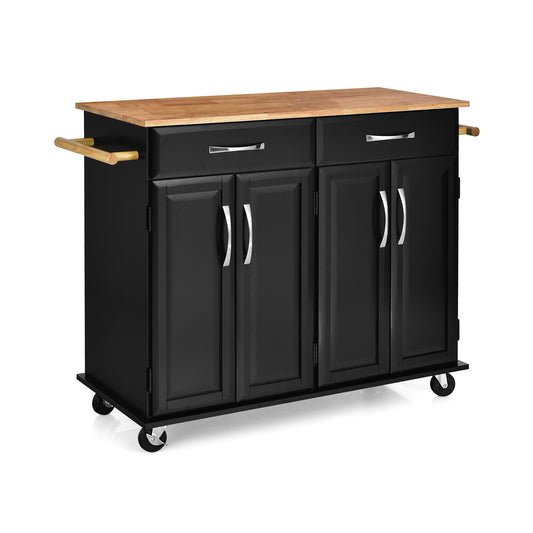 Rolling Kitchen Island Cart with 4 Doors Drawers Towel Racks and Storage Cabinet - Black