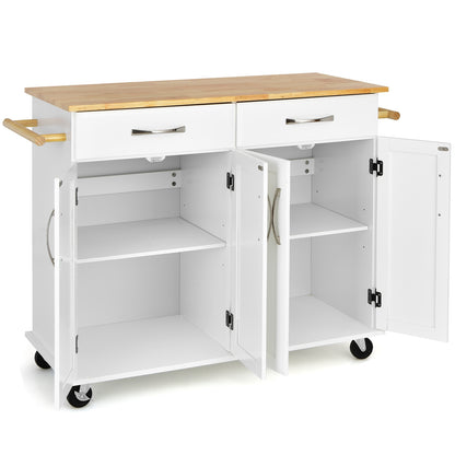 Rolling Kitchen Island Cart with 4 Doors Drawers Towel Racks and Storage Cabinet - White