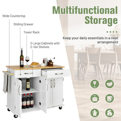 Rolling Kitchen Island Cart with 4 Doors Drawers Towel Racks and Storage Cabinet - White