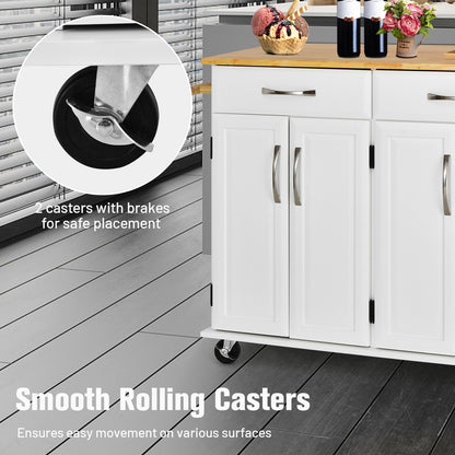 Rolling Kitchen Island Cart with 4 Doors Drawers Towel Racks and Storage Cabinet - White