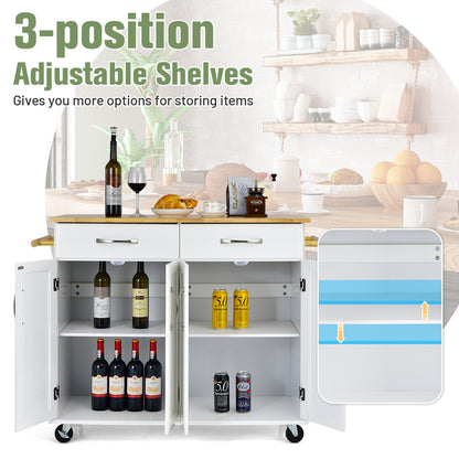 Rolling Kitchen Island Cart with 4 Doors Drawers Towel Racks and Storage Cabinet - White