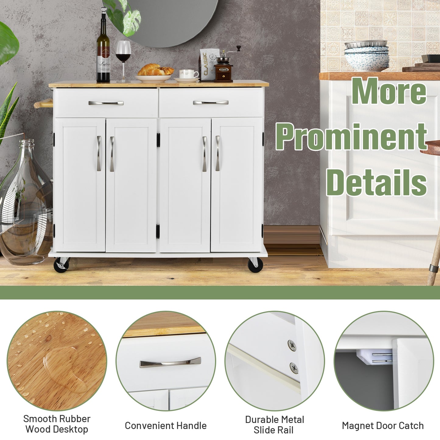 Rolling Kitchen Island Cart with 4 Doors Drawers Towel Racks and Storage Cabinet - White