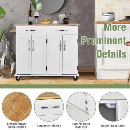 Rolling Kitchen Island Cart with 4 Doors Drawers Towel Racks and Storage Cabinet - White