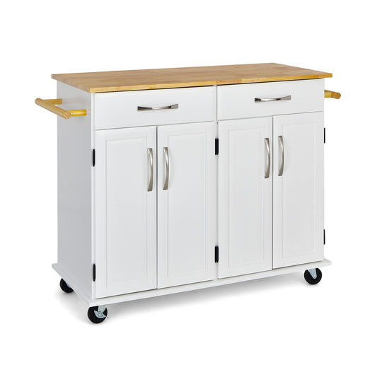 Rolling Kitchen Island Cart with 4 Doors Drawers Towel Racks and Storage Cabinet - White