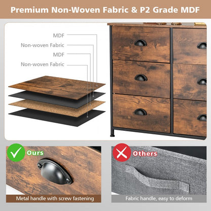 6 Drawer Storage Chest with Fabric Bins and Wood Top in Rustic Brown