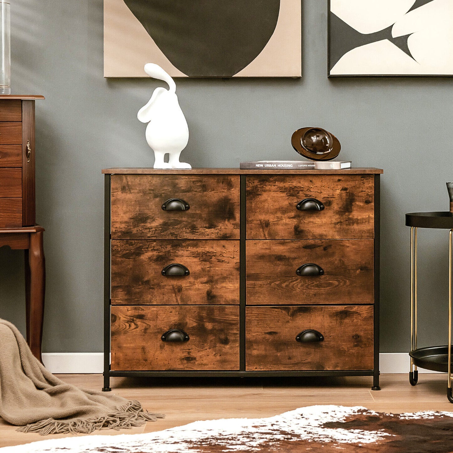 6 Drawer Storage Chest with Fabric Bins and Wood Top in Rustic Brown
