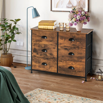6 Drawer Storage Chest with Fabric Bins and Wood Top in Rustic Brown