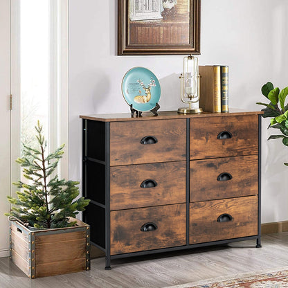 6 Drawer Storage Chest with Fabric Bins and Wood Top in Rustic Brown