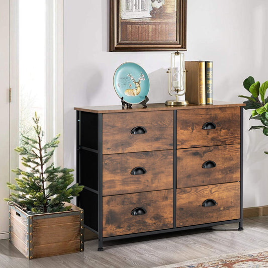 6 Drawer Storage Chest with Fabric Bins and Wood Top in Rustic Brown
