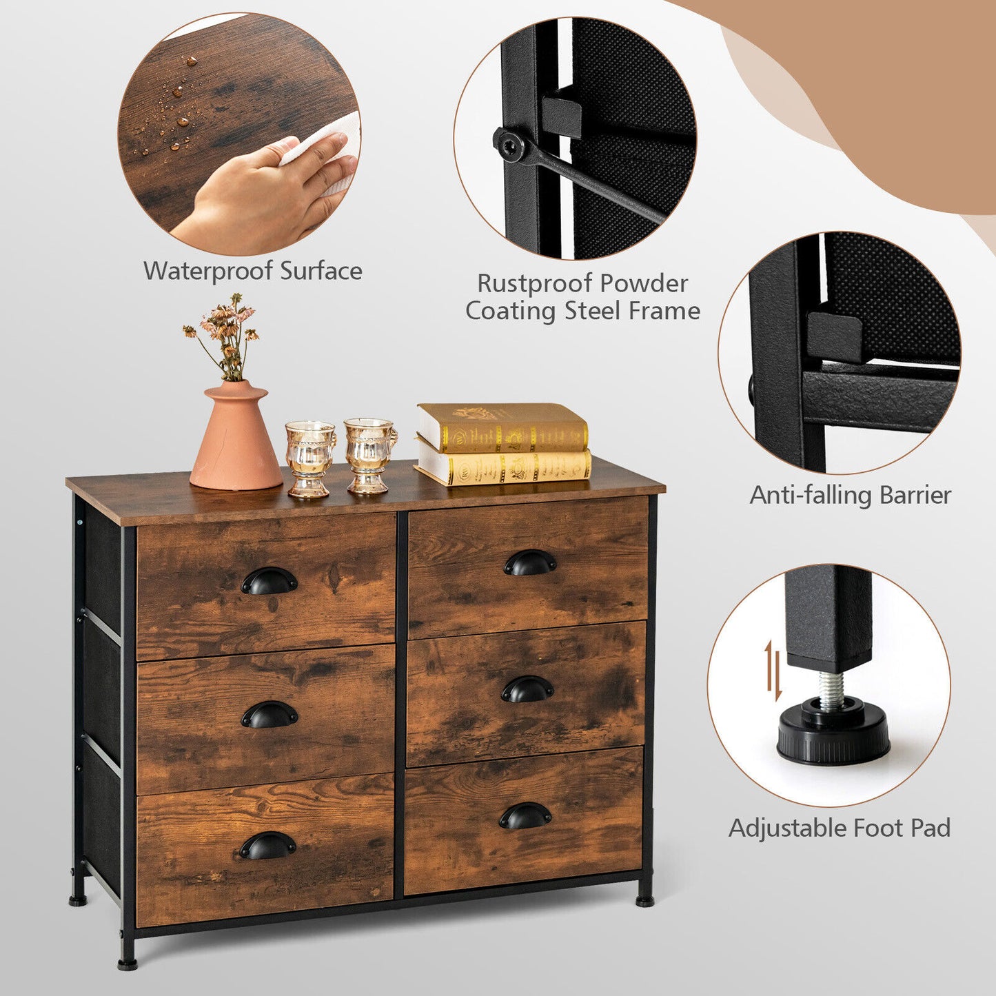 6 Drawer Storage Chest with Fabric Bins and Wood Top in Rustic Brown