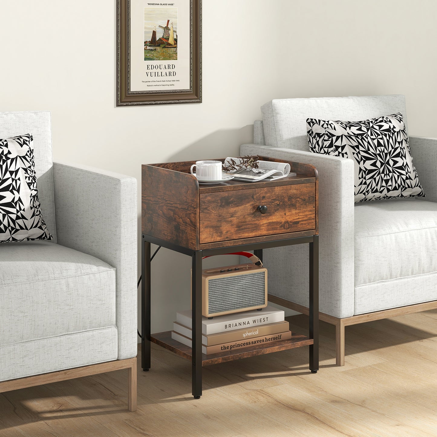 Rustic Brown Nightstand with Charging Station and Storage Drawer – Industrial Bedside Table
