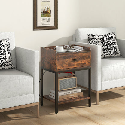 Rustic Brown Nightstand with Charging Station and Storage Drawer – Industrial Bedside Table