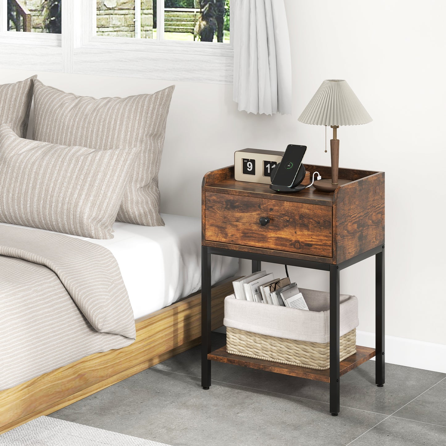 Rustic Brown Nightstand with Charging Station and Storage Drawer – Industrial Bedside Table