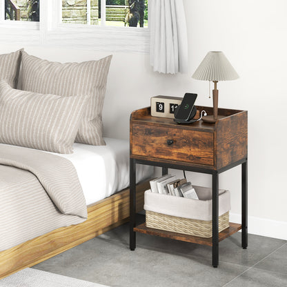 Rustic Brown Nightstand with Charging Station and Storage Drawer – Industrial Bedside Table