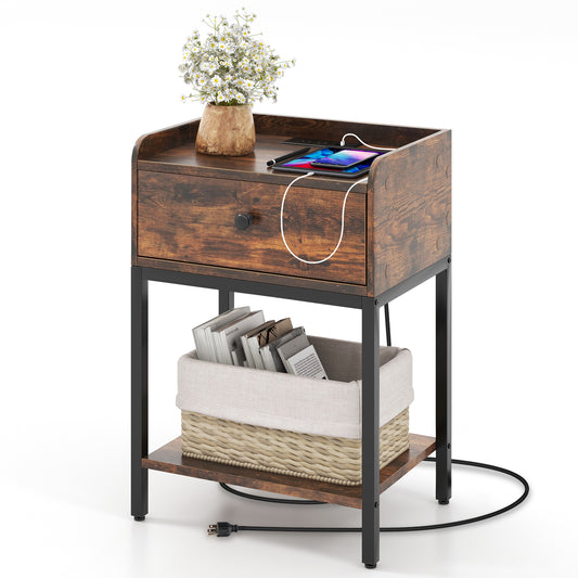 Rustic Brown Nightstand with Charging Station and Storage Drawer – Industrial Bedside Table