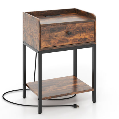 Rustic Brown Nightstand with Charging Station and Storage Drawer – Industrial Bedside Table
