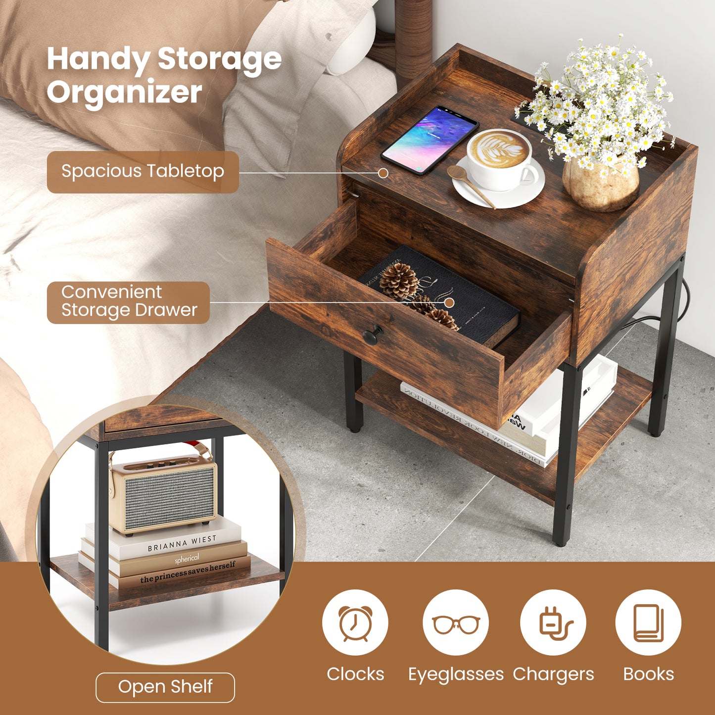 Rustic Brown Nightstand with Charging Station and Storage Drawer – Industrial Bedside Table