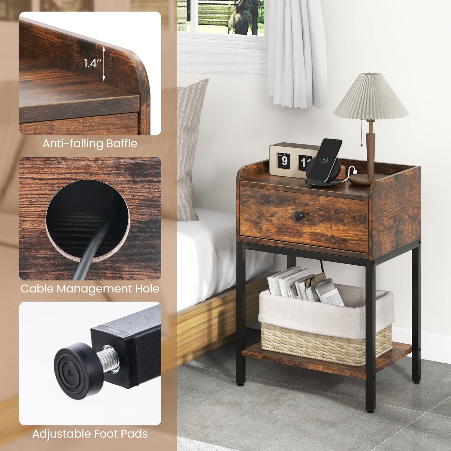 Rustic Brown Nightstand with Charging Station and Storage Drawer – Industrial Bedside Table