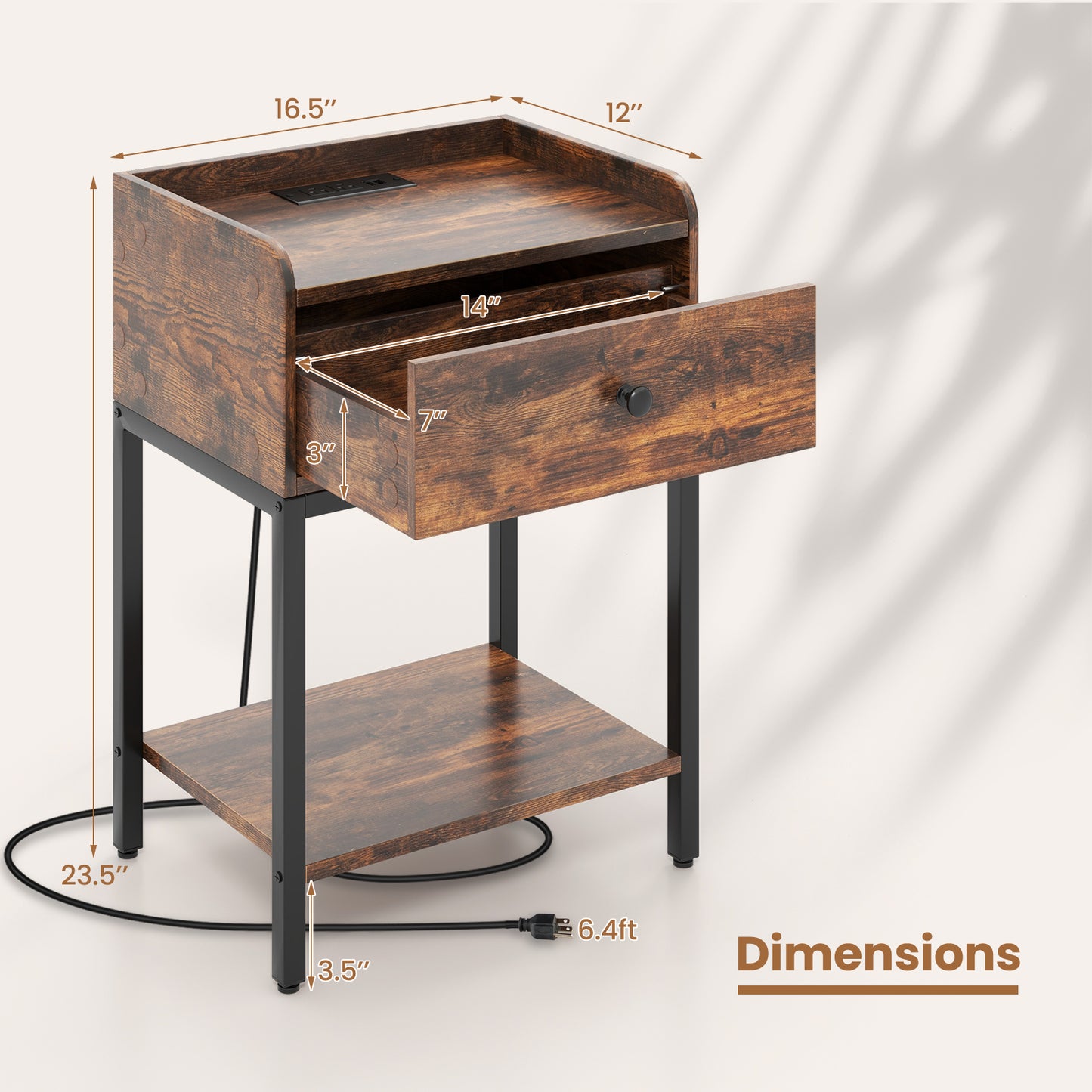 Rustic Brown Nightstand with Charging Station and Storage Drawer – Industrial Bedside Table