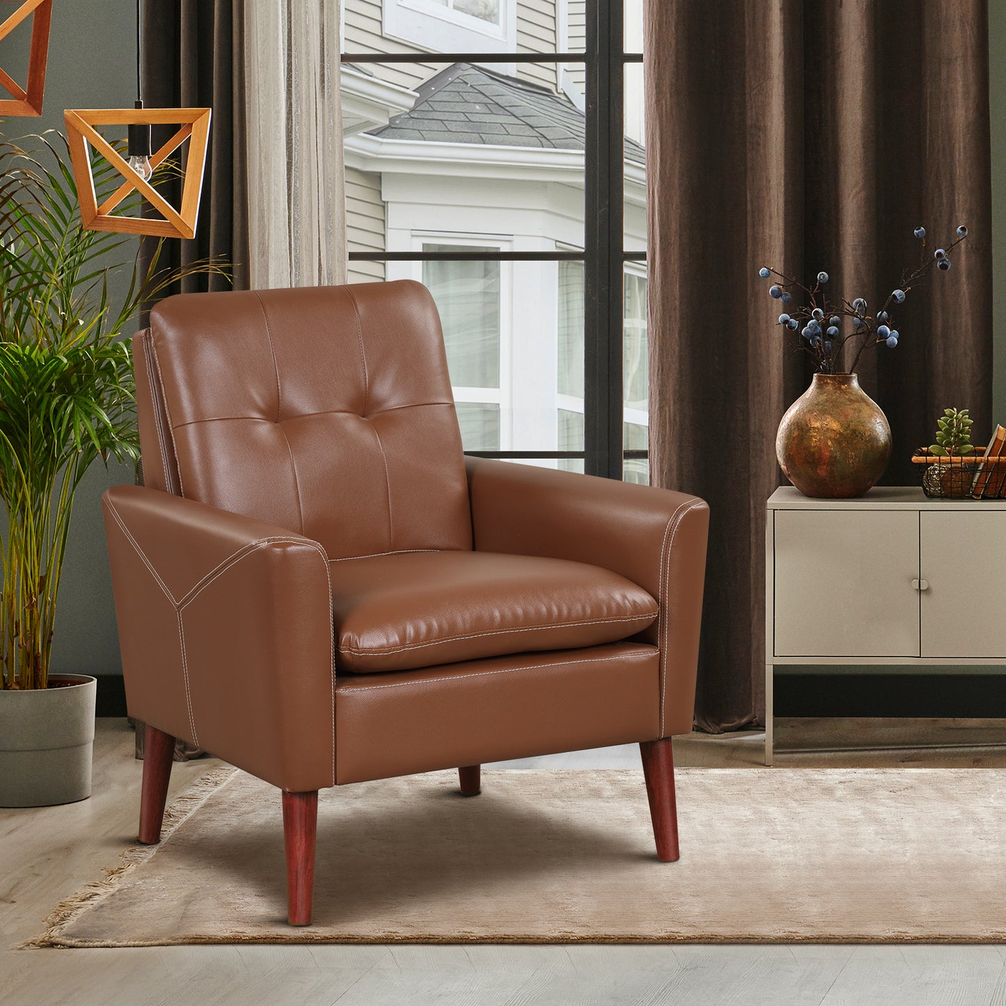 Comfort Accent Armchair in Brown PU Leather with Wooden Base