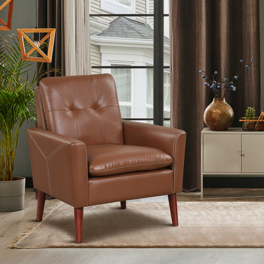 Comfort Accent Armchair in Brown PU Leather with Wooden Base