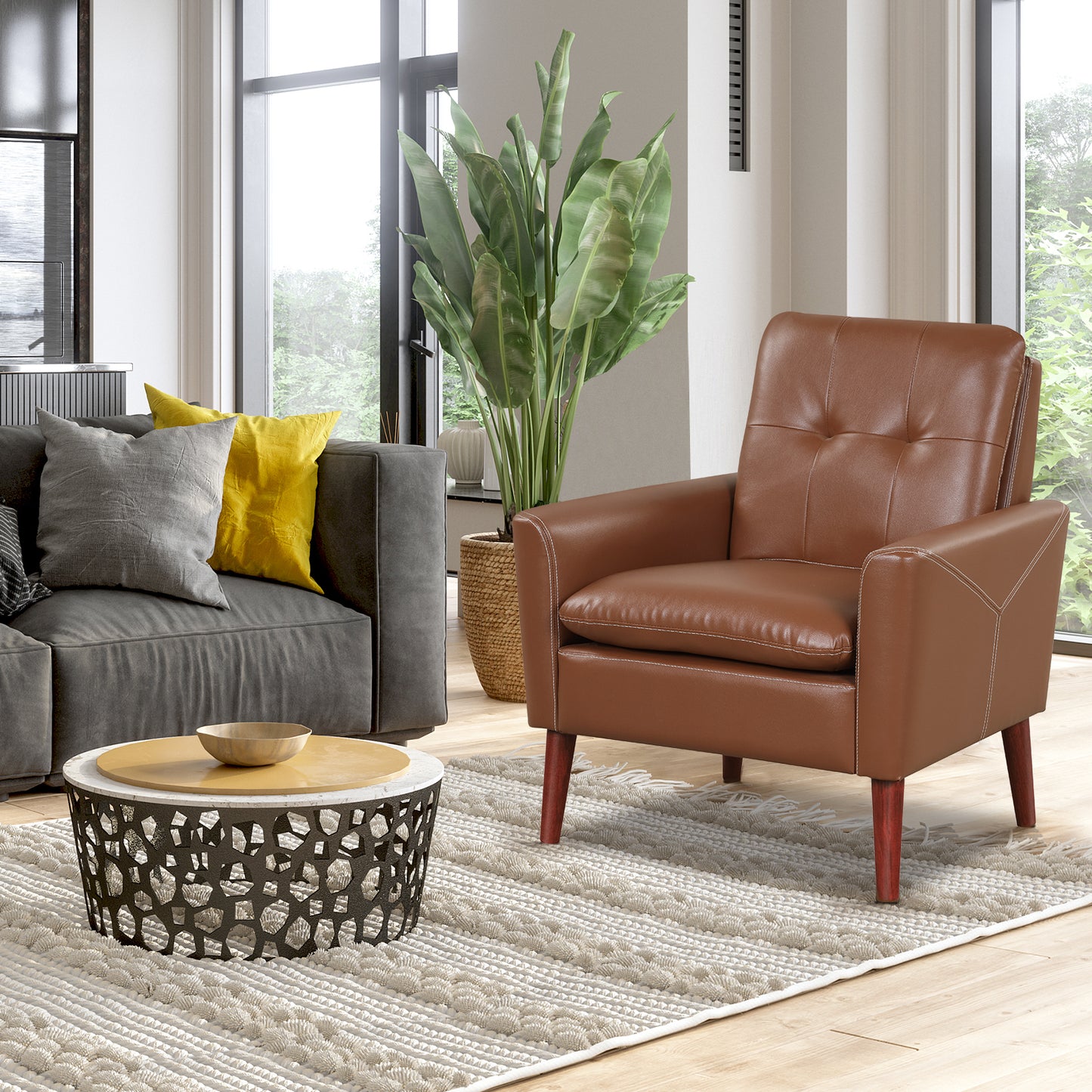 Comfort Accent Armchair in Brown PU Leather with Wooden Base