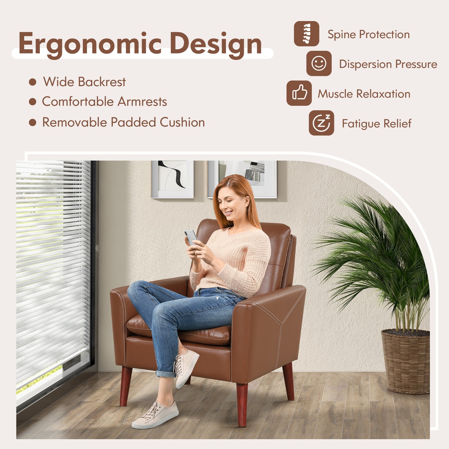 Comfort Accent Armchair in Brown PU Leather with Wooden Base