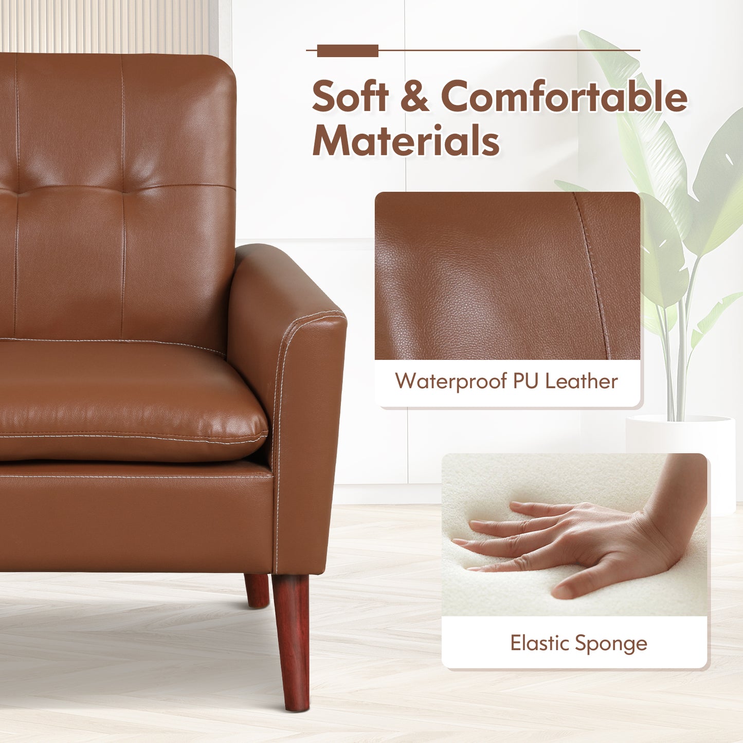 Comfort Accent Armchair in Brown PU Leather with Wooden Base