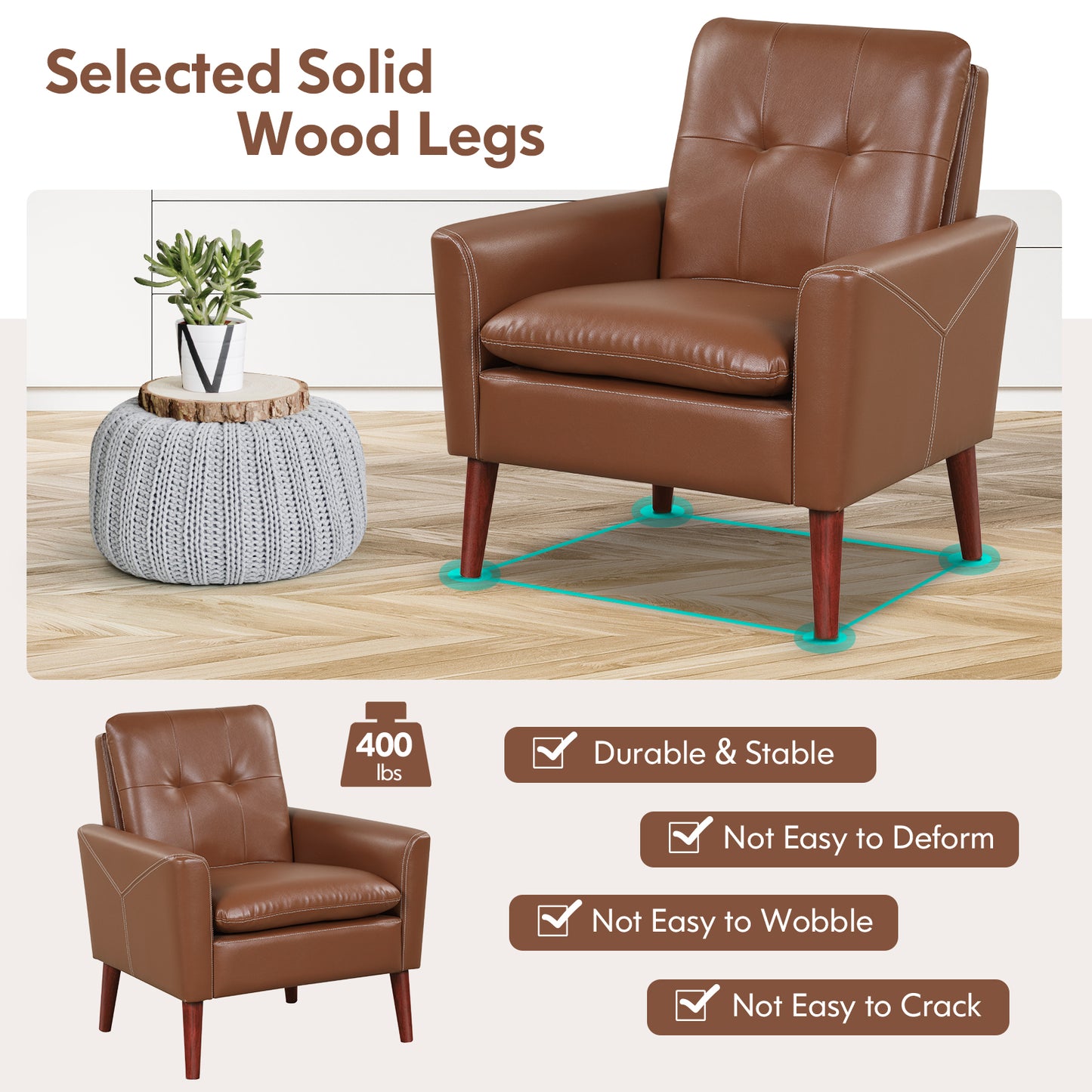 Comfort Accent Armchair in Brown PU Leather with Wooden Base