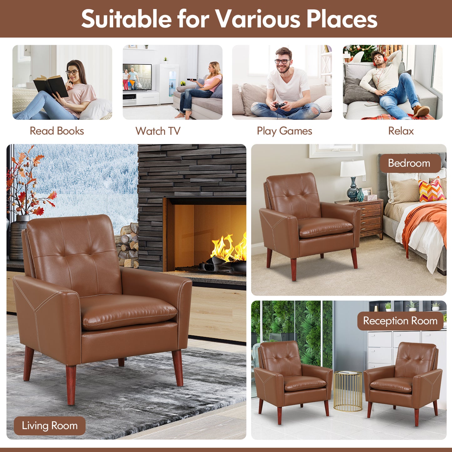 Comfort Accent Armchair in Brown PU Leather with Wooden Base