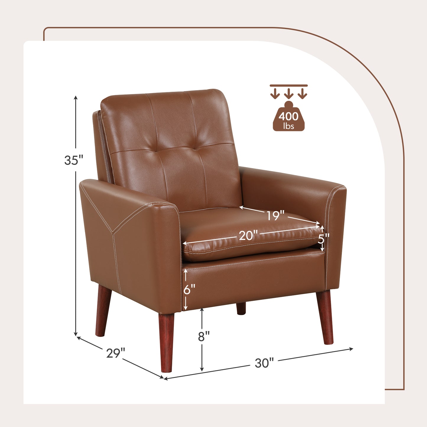 Comfort Accent Armchair in Brown PU Leather with Wooden Base