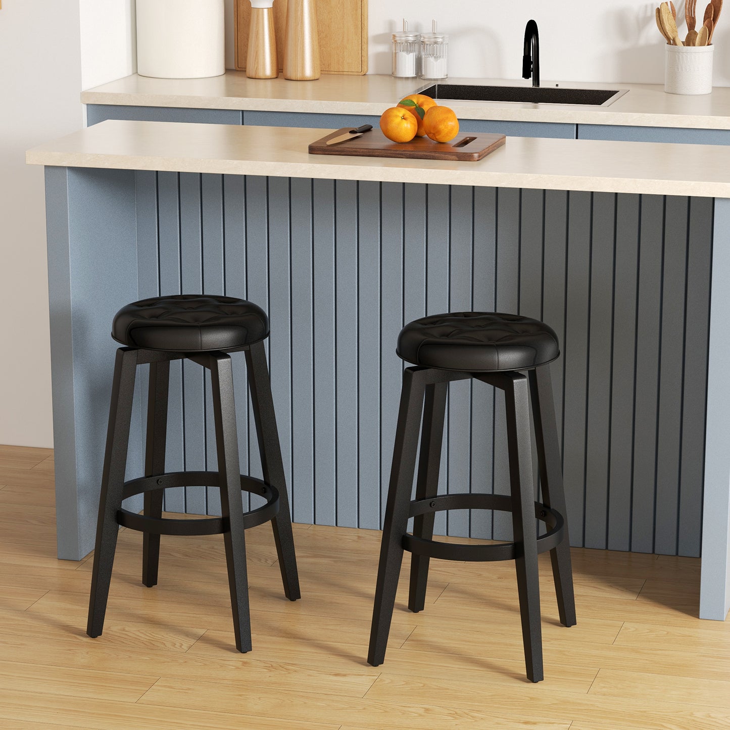 Swivel Upholstered Bar Chairs Set of 2 with Footrest and Solid Rubberwood Frame in Black, 29 Inch