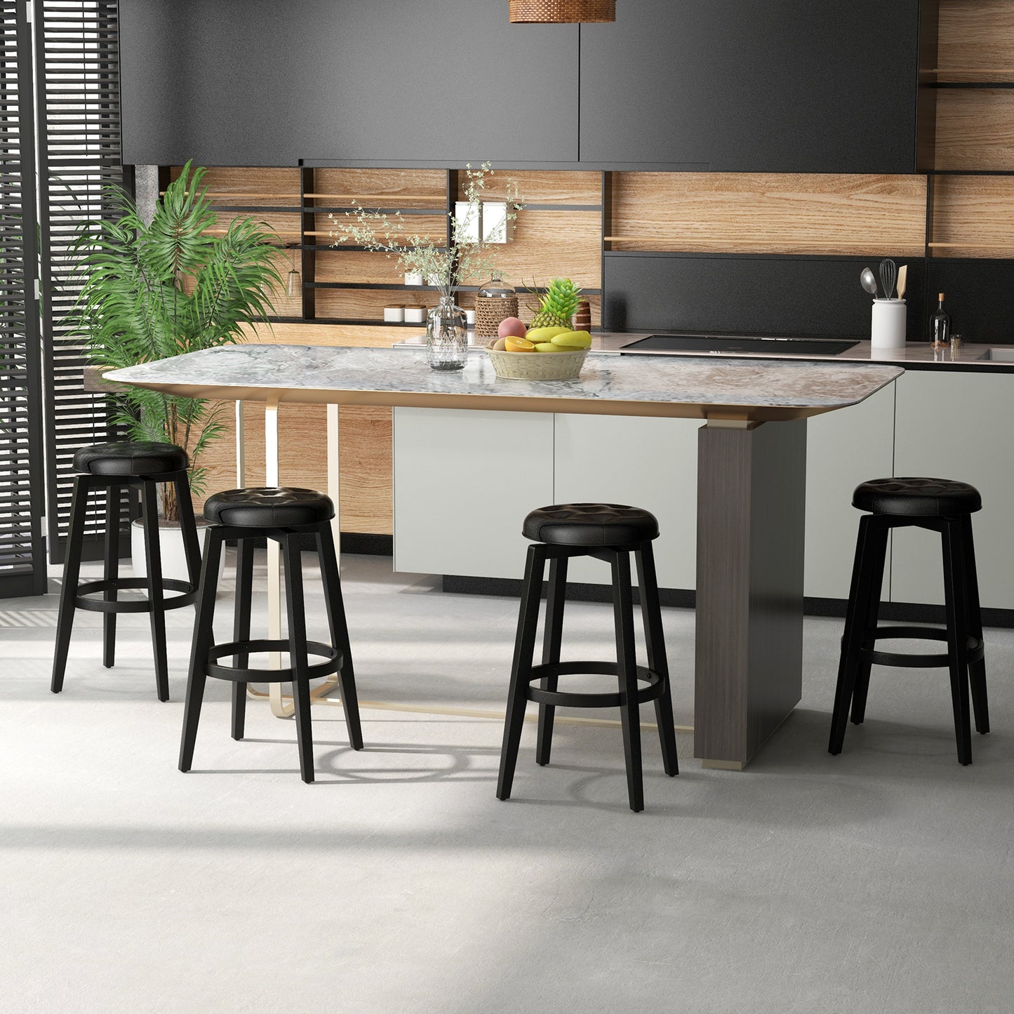 Swivel Upholstered Bar Chairs Set of 2 with Footrest and Solid Rubberwood Frame in Black, 29 Inch