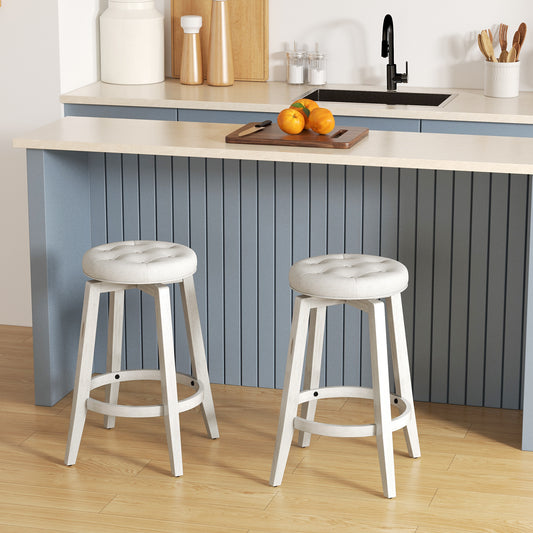 Swivel Upholstered Bar Chairs Set of 2 with Footrest and Solid Rubberwood Frame in White, 24 Inch