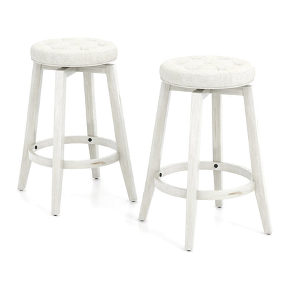 Swivel Upholstered Bar Chairs Set of 2 with Footrest and Solid Rubberwood Frame in White, 24 Inch