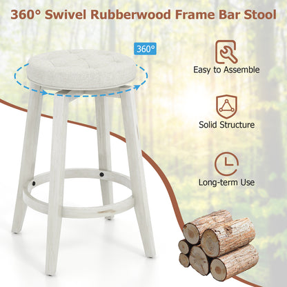Swivel Upholstered Bar Chairs Set of 2 with Footrest and Solid Rubberwood Frame in White, 24 Inch