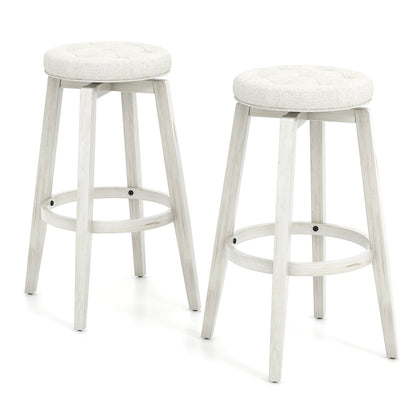 Swivel Upholstered Bar Chairs Set of 2 with Footrest and Solid Rubberwood Frame in White, 29 Inch