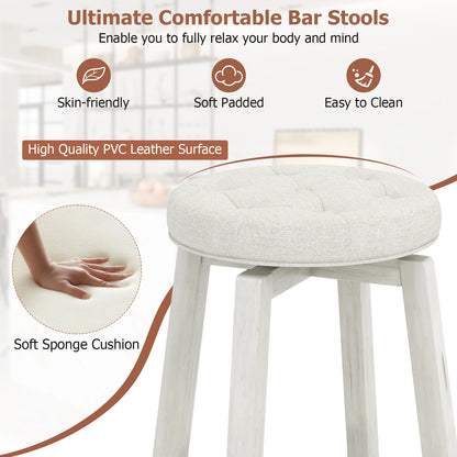 Swivel Upholstered Bar Chairs Set of 2 with Footrest and Solid Rubberwood Frame in White, 29 Inch