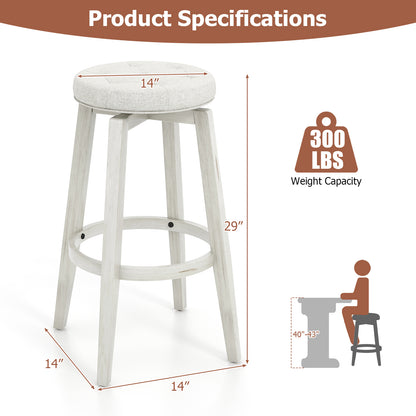 Swivel Upholstered Bar Chairs Set of 2 with Footrest and Solid Rubberwood Frame in White, 29 Inch