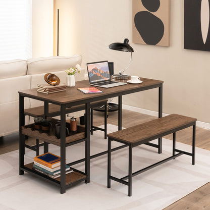 Modern 3 Piece Dining Table Set with Storage Shelf Wine Rack and Two Benches for 4 People