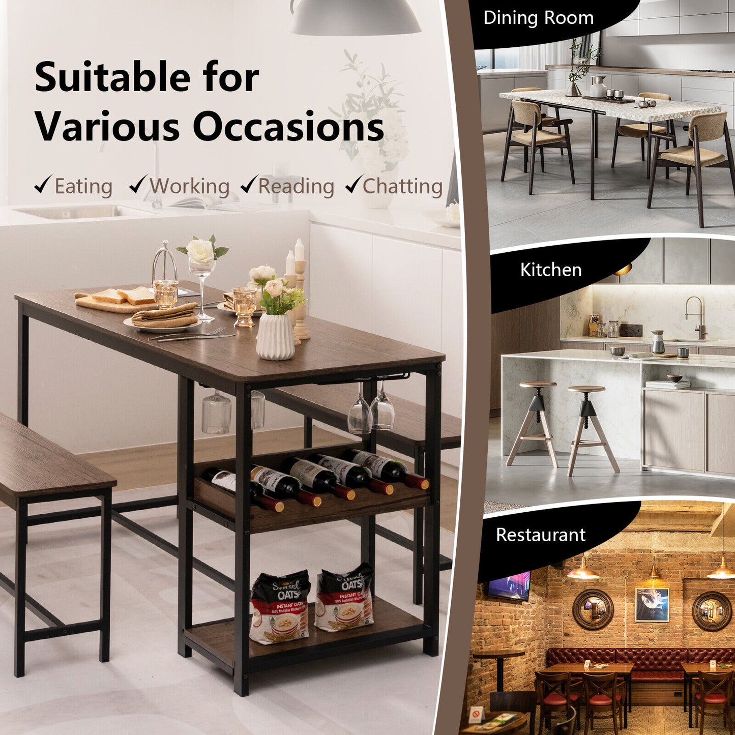 Modern 3 Piece Dining Table Set with Storage Shelf Wine Rack and Two Benches for 4 People