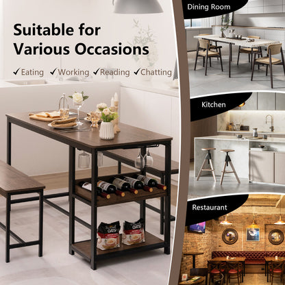 Modern 3 Piece Dining Table Set with Storage Shelf Wine Rack and Two Benches for 4 People