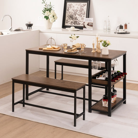 Modern 3 Piece Dining Table Set with Storage Shelf Wine Rack and Two Benches for 4 People