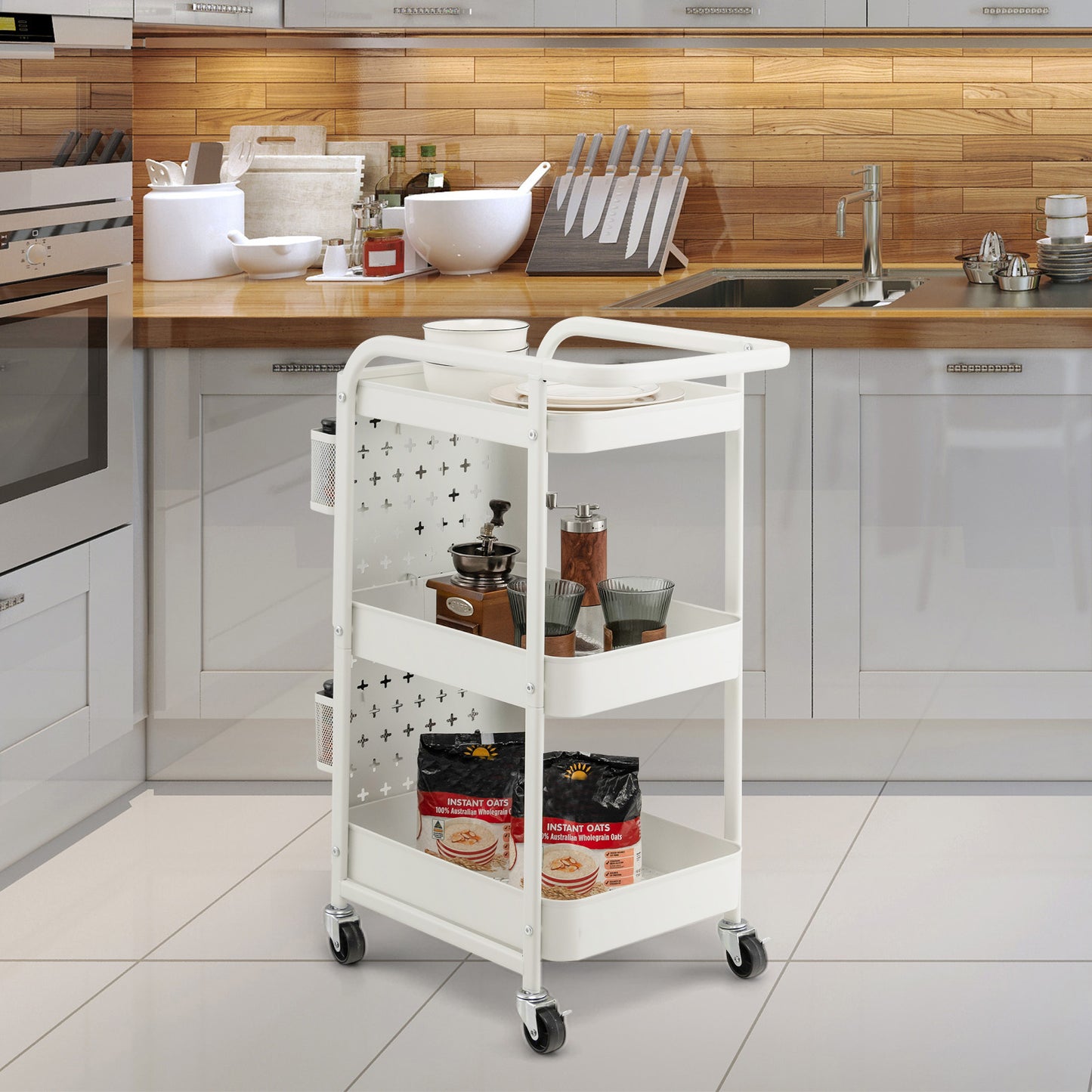 Rolling 3 Tier Utility Storage Cart with Pegboard Hooks Baskets and Handle - White