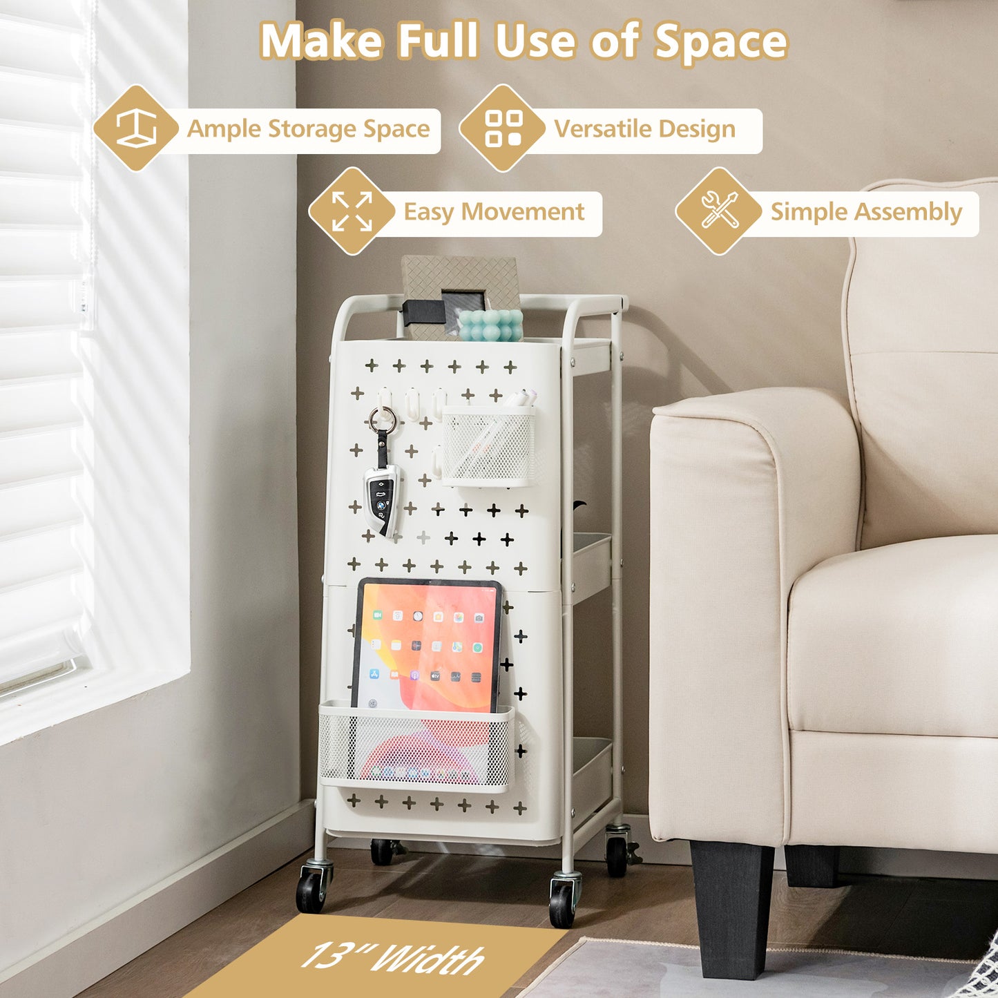 Rolling 3 Tier Utility Storage Cart with Pegboard Hooks Baskets and Handle - White