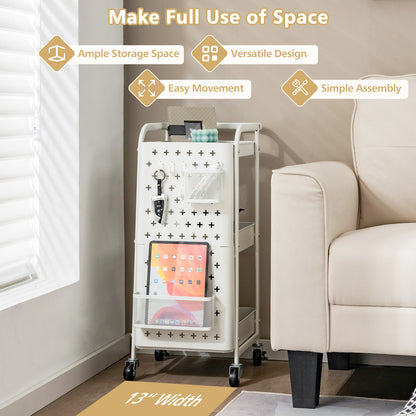 Rolling 3 Tier Utility Storage Cart with Pegboard Hooks Baskets and Handle - White